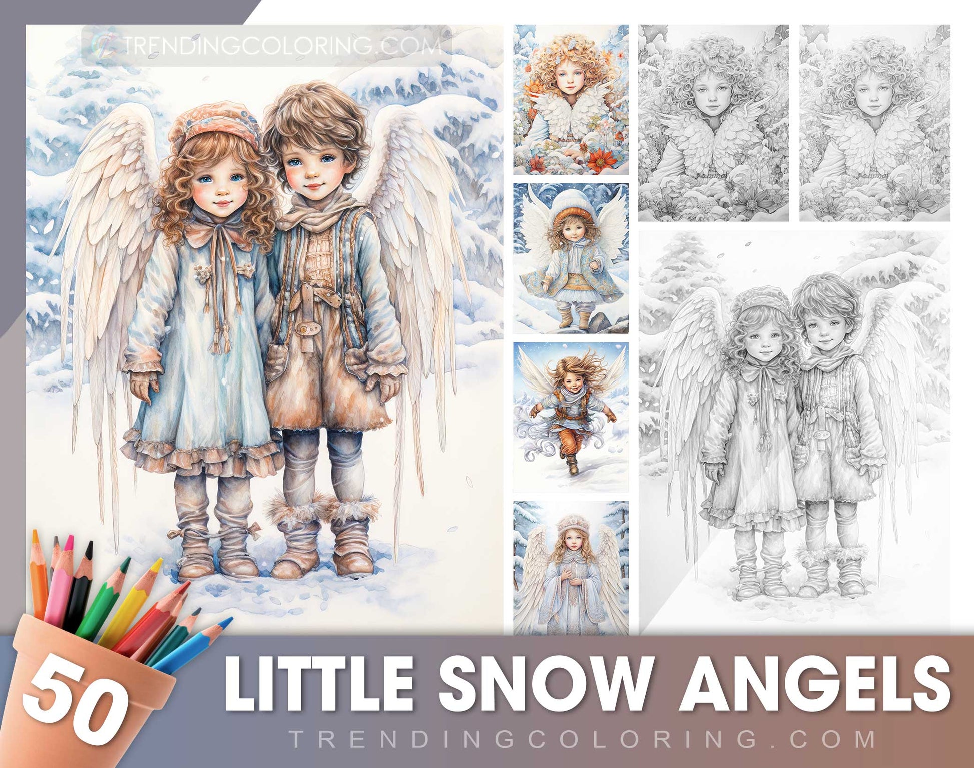 50 Little Snow Angels Grayscale Coloring Pages - Instant Download - Printable PDF Dark/Light
