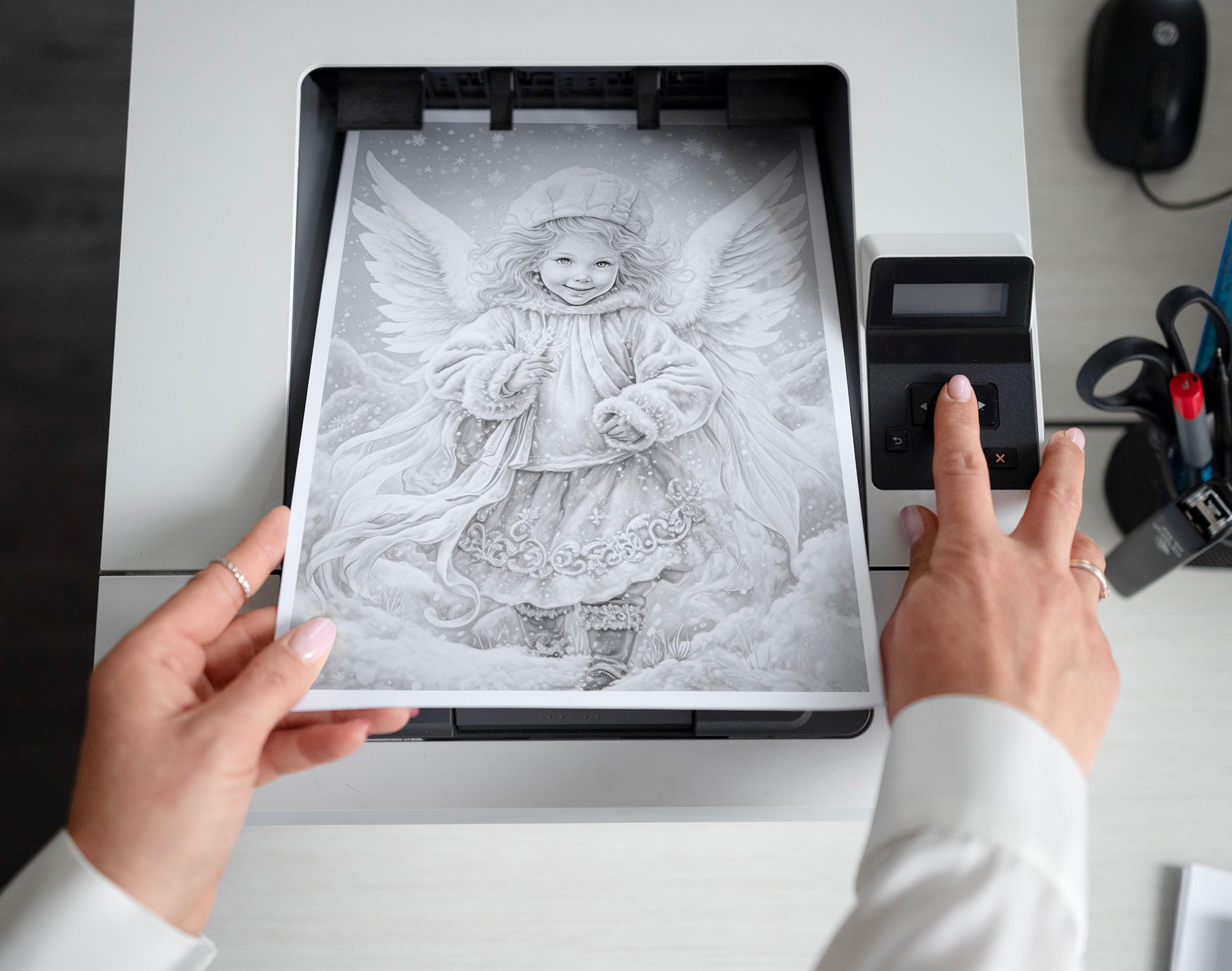 50 Little Snow Angels Grayscale Coloring Pages - Instant Download - Printable PDF Dark/Light – preview 2