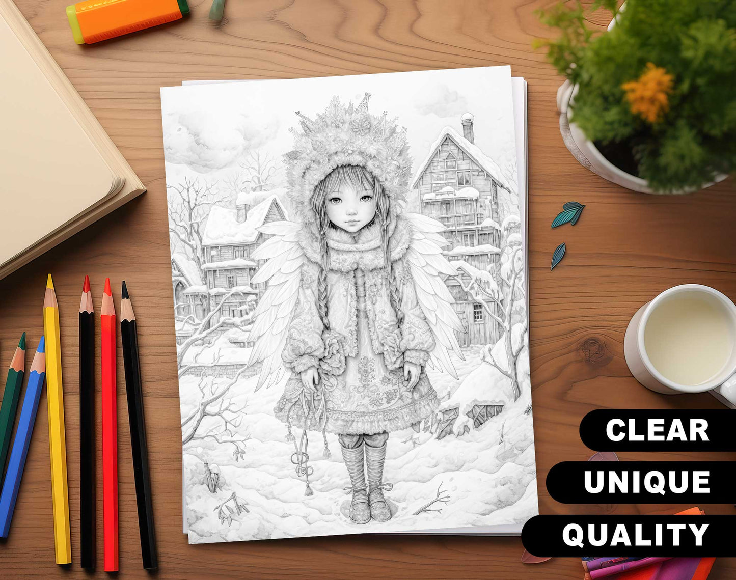50 Little Snow Angels Grayscale Coloring Pages - Instant Download - Printable PDF Dark/Light – preview 3