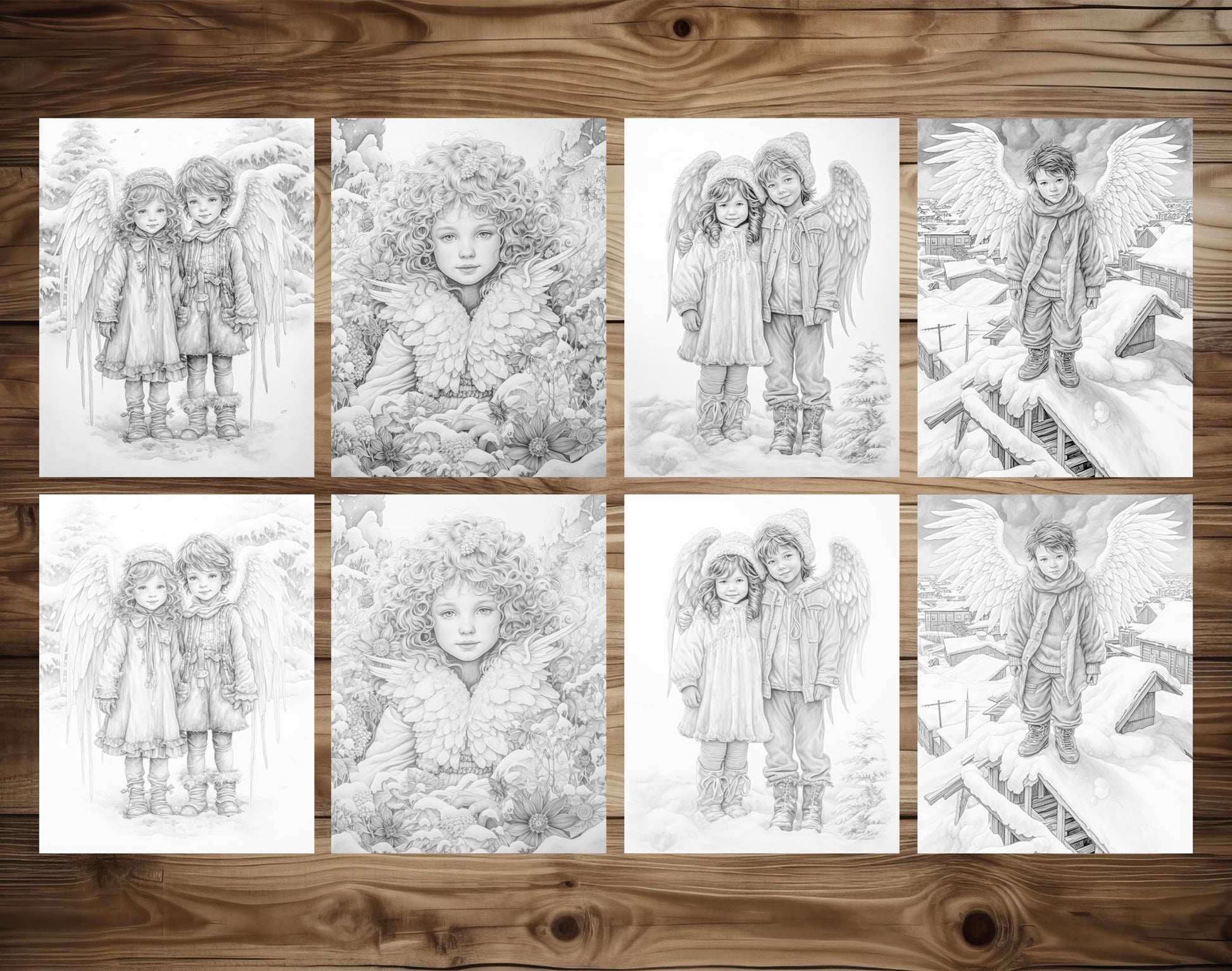 50 Little Snow Angels Grayscale Coloring Pages - Instant Download - Printable PDF Dark/Light – preview 5