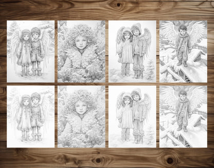 50 Little Snow Angels Grayscale Coloring Pages - Instant Download - Printable PDF Dark/Light – preview 5