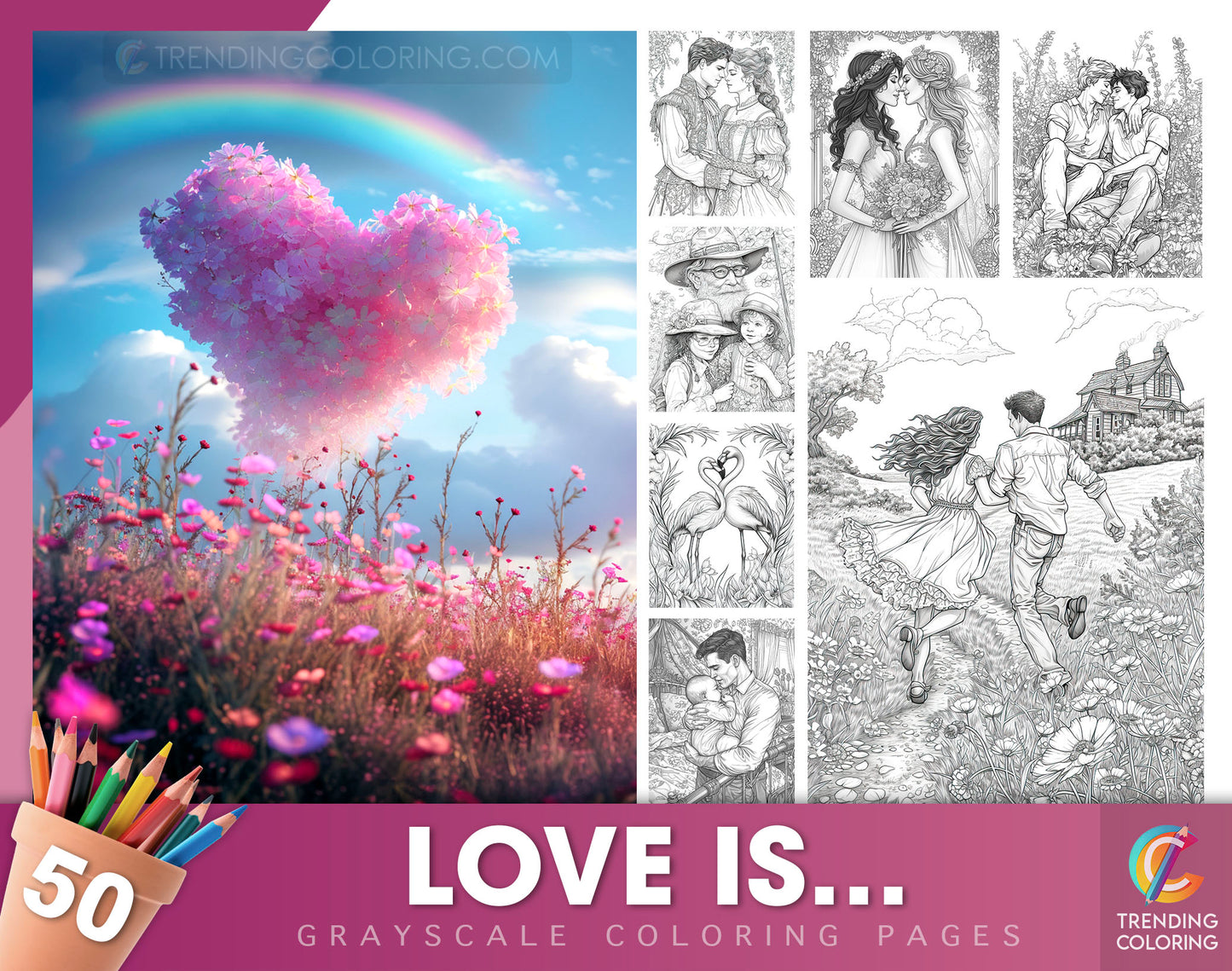 50 Love is ... Grayscale Coloring Pages - Instant Download - Printable PDF Dark/Light