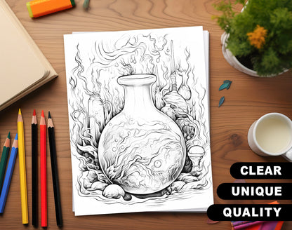 50 Magic Potion Grayscale Coloring Pages - Halloween Coloring - Instant Download - Printable PDF – preview 3