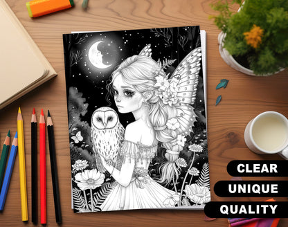 50 Midnight Fairies Grayscale Coloring Pages - Instant Download - Printable PDF Dark/Light – preview 3