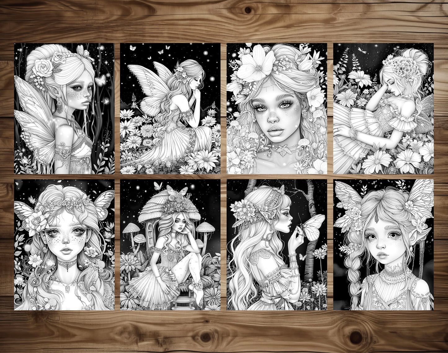 50 Midnight Fairies Grayscale Coloring Pages - Instant Download - Printable PDF Dark/Light – preview 5