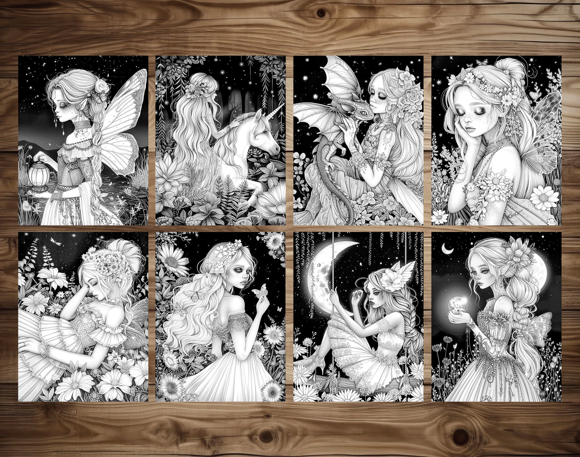 50 Midnight Fairies Grayscale Coloring Pages - Instant Download - Printable PDF Dark/Light – preview 6