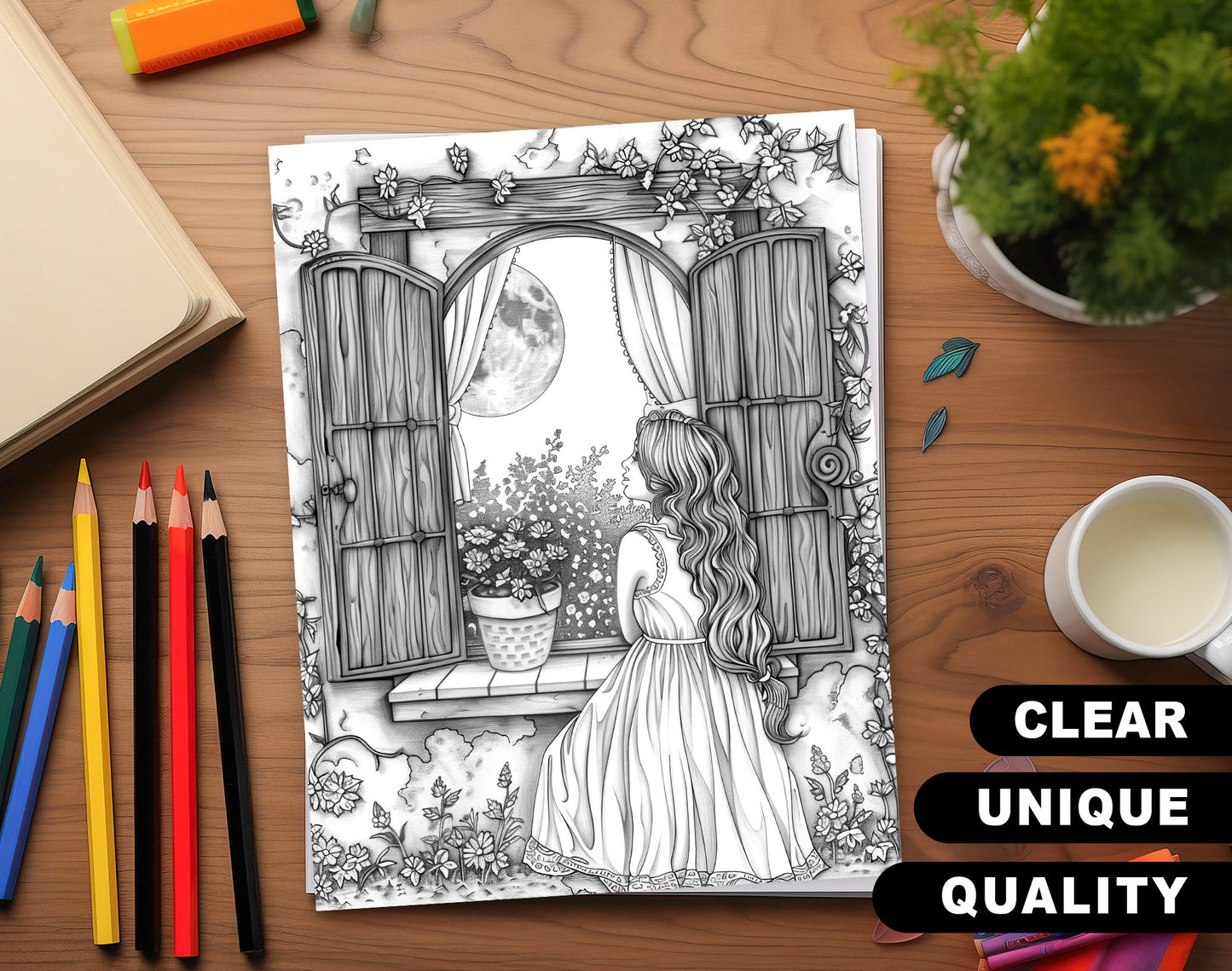 50 Moon Night Grayscale Coloring Pages - Instant Download - Printable PDF Dark/Light – preview 3