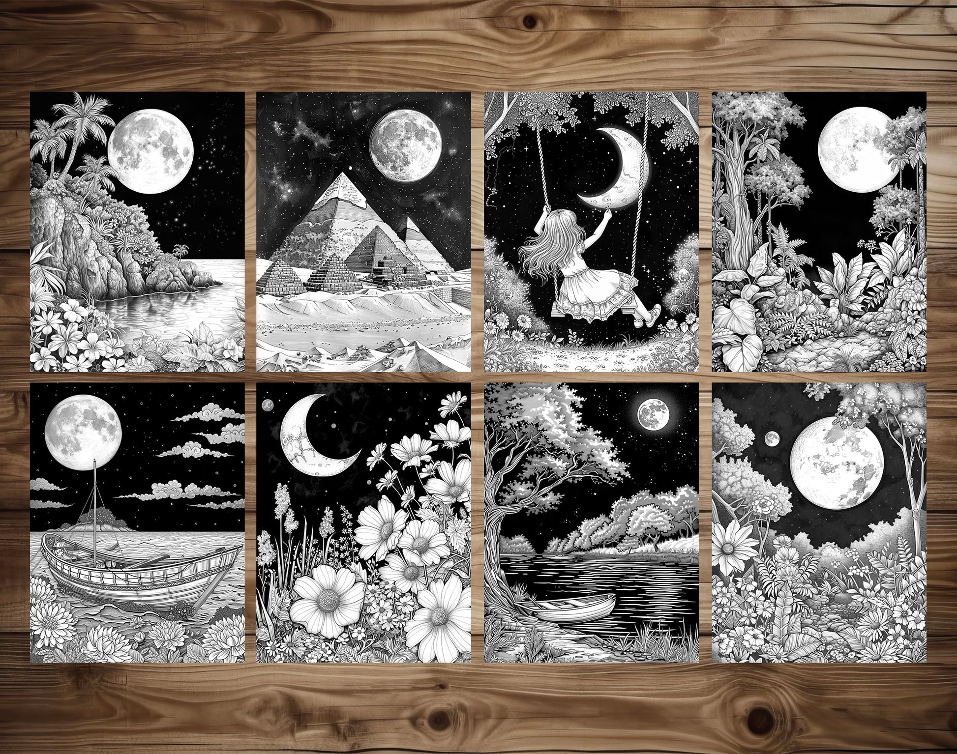 50 Moon Night Grayscale Coloring Pages - Instant Download - Printable PDF Dark/Light – preview 5