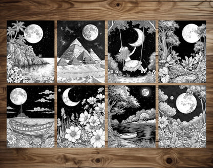 50 Moon Night Grayscale Coloring Pages - Instant Download - Printable PDF Dark/Light – preview 5