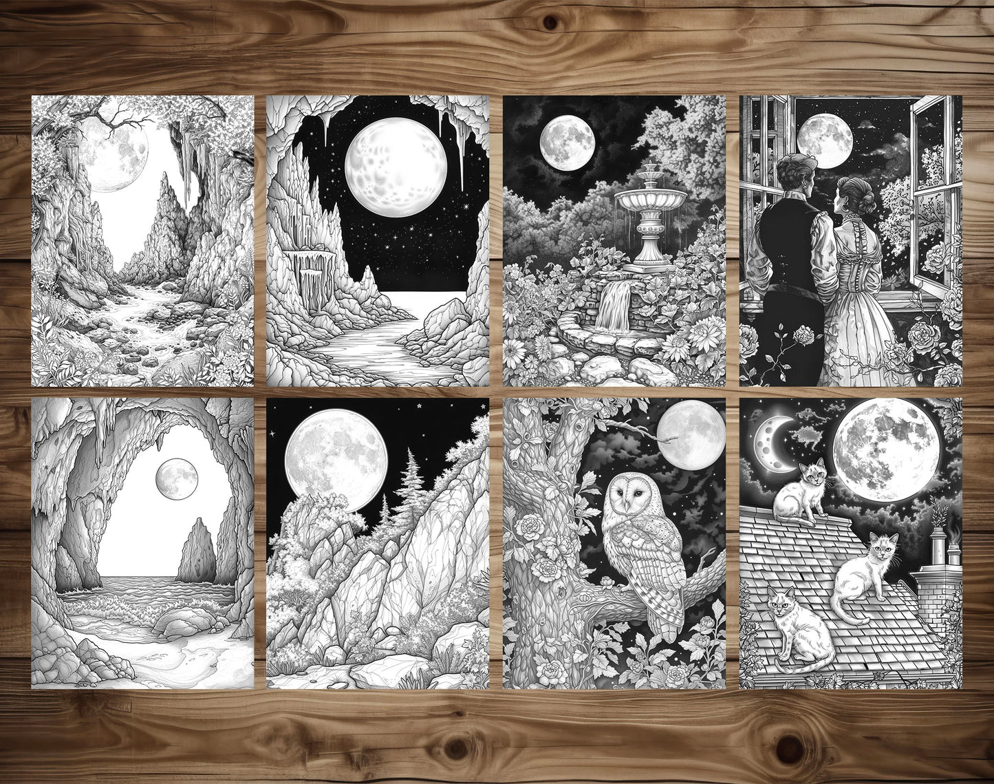 50 Moon Night Grayscale Coloring Pages - Instant Download - Printable PDF Dark/Light – preview 6
