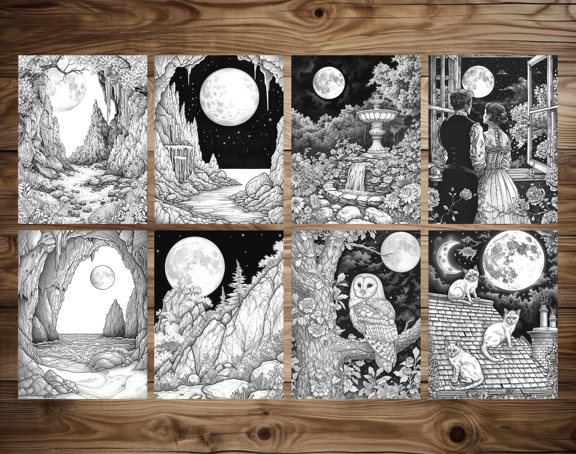 50 Moon Night Grayscale Coloring Pages - Instant Download - Printable PDF Dark/Light – preview 6