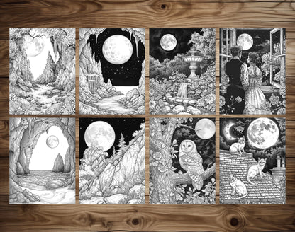 50 Moon Night Grayscale Coloring Pages - Instant Download - Printable PDF Dark/Light – preview 6