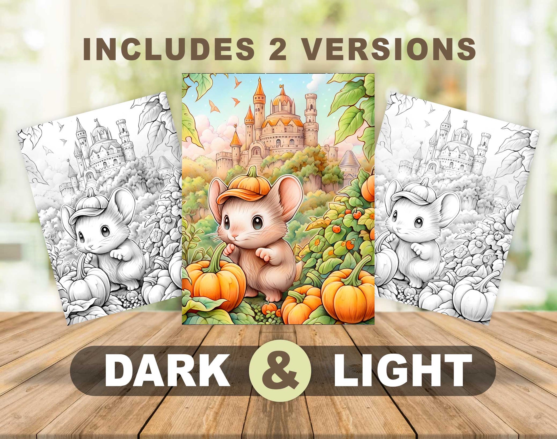 50 Mouse In Pumpkin World Grayscale Coloring Pages - Instant Download - Printable PDF Dark/Light – preview 4