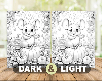 50 Mouse In Pumpkin World Grayscale Coloring Pages - Instant Download - Printable PDF Dark/Light – preview 5