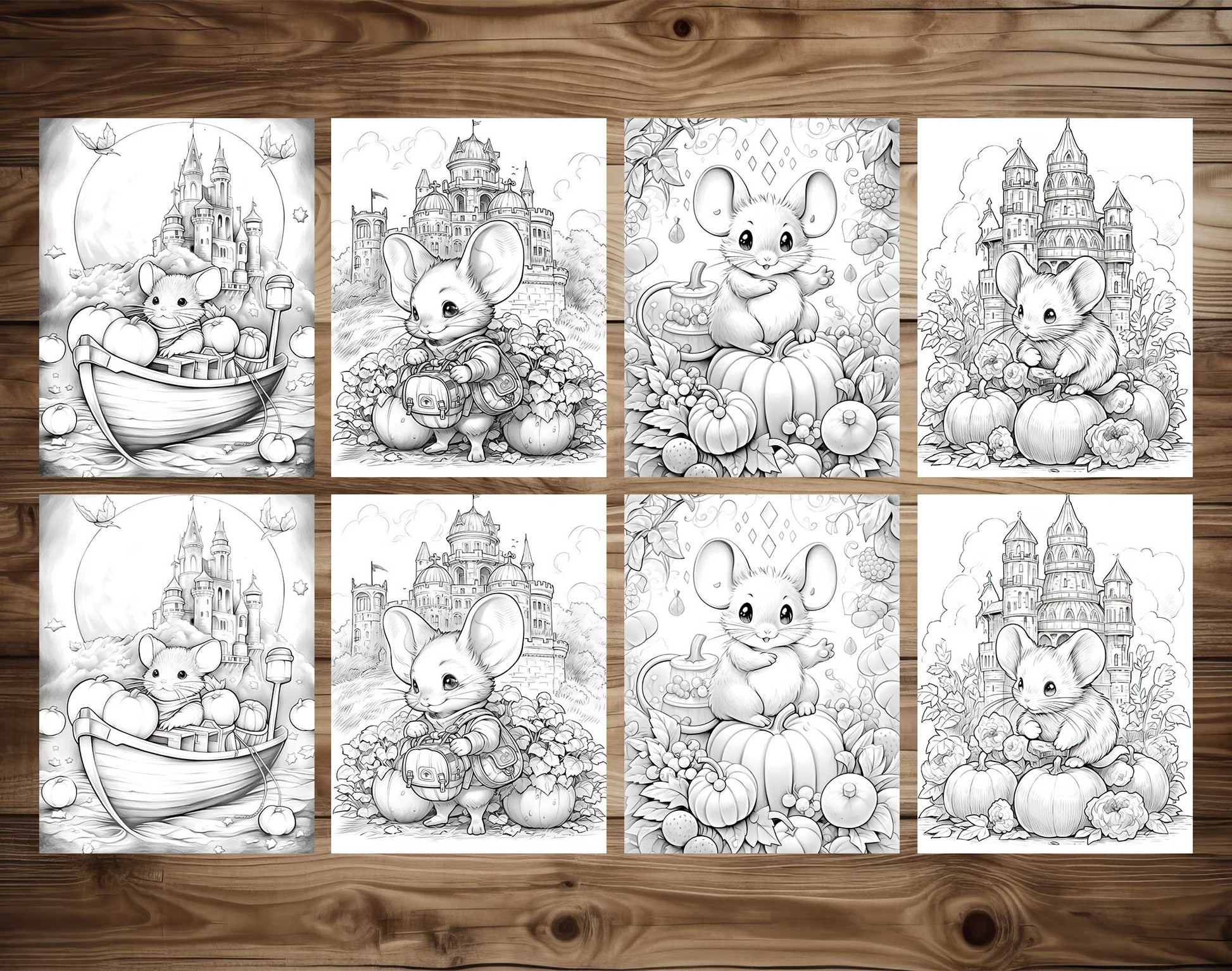 50 Mouse In Pumpkin World Grayscale Coloring Pages - Instant Download - Printable PDF Dark/Light – preview 6