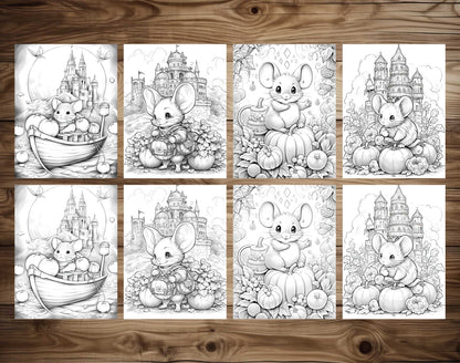 50 Mouse In Pumpkin World Grayscale Coloring Pages - Instant Download - Printable PDF Dark/Light – preview 6