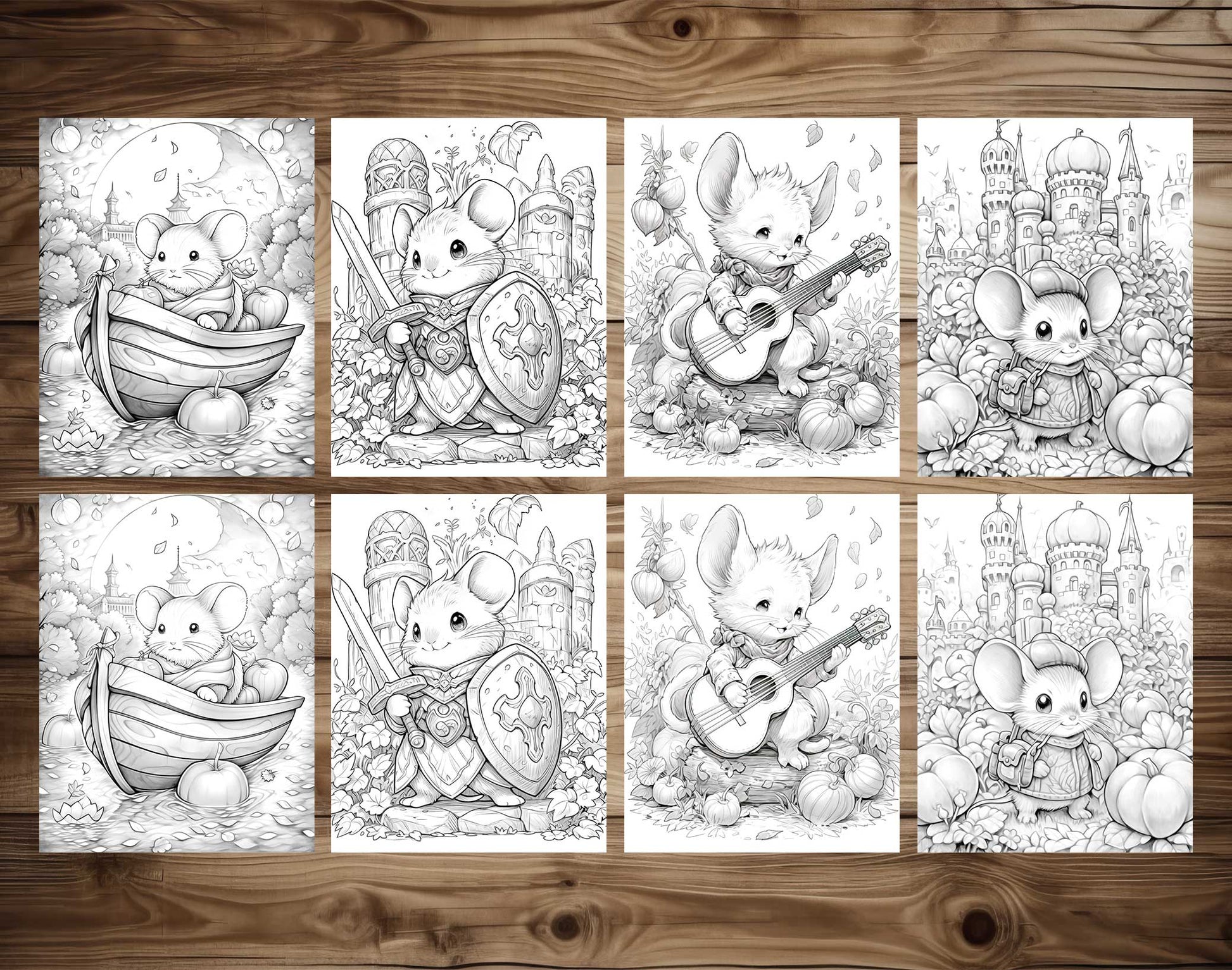 50 Mouse In Pumpkin World Grayscale Coloring Pages - Instant Download - Printable PDF Dark/Light – preview 7