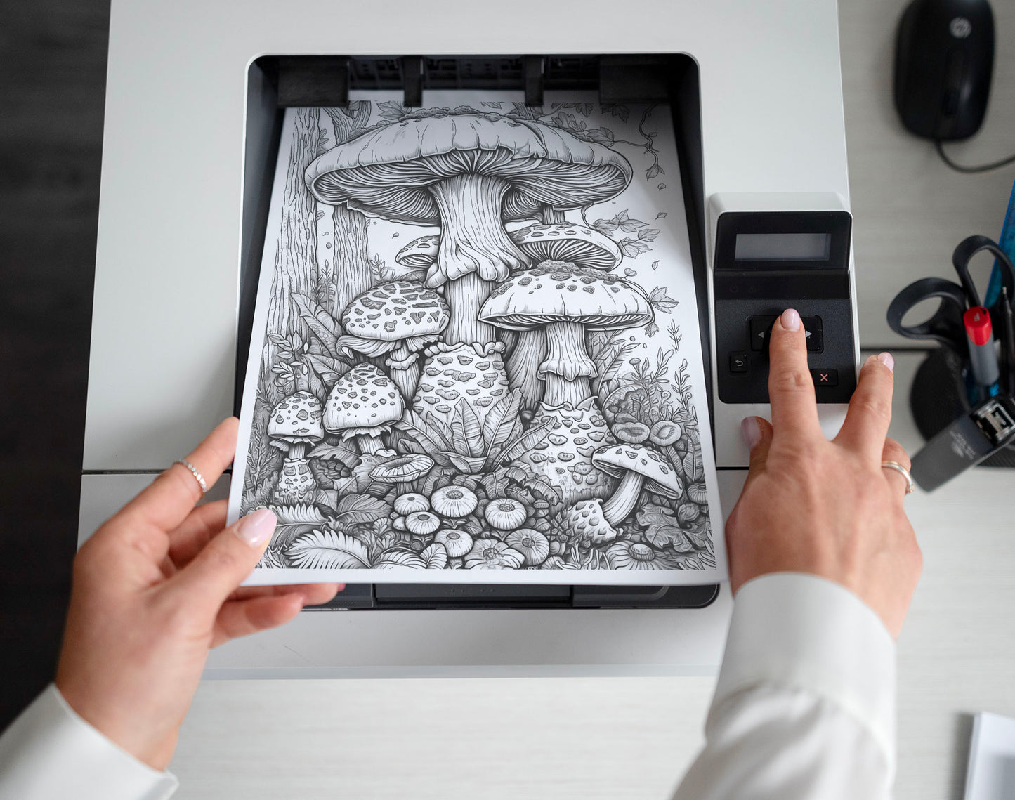 50 Mushroom Forest 2 Grayscale Coloring Pages - Instant Download - Printable PDF Dark/Light – preview 2
