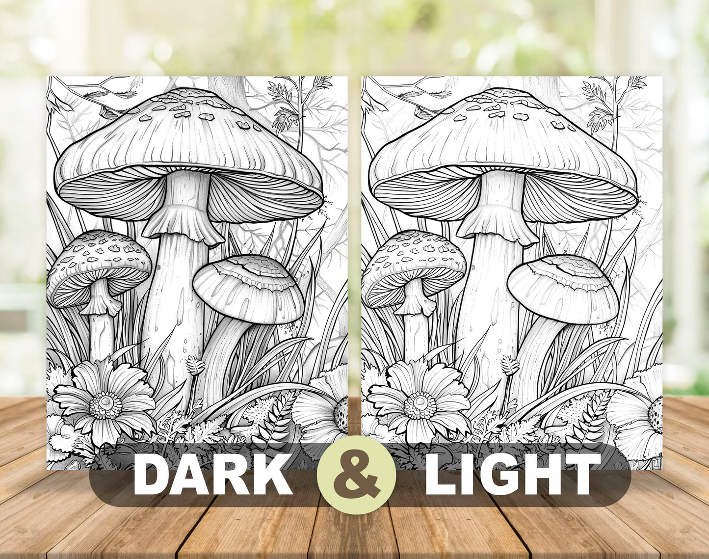 50 Mushroom Forest 2 Grayscale Coloring Pages - Instant Download - Printable PDF Dark/Light – preview 4