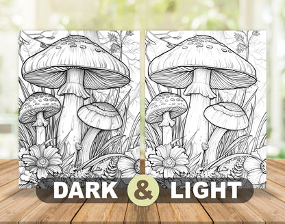 50 Mushroom Forest 2 Grayscale Coloring Pages - Instant Download - Printable PDF Dark/Light – preview 4