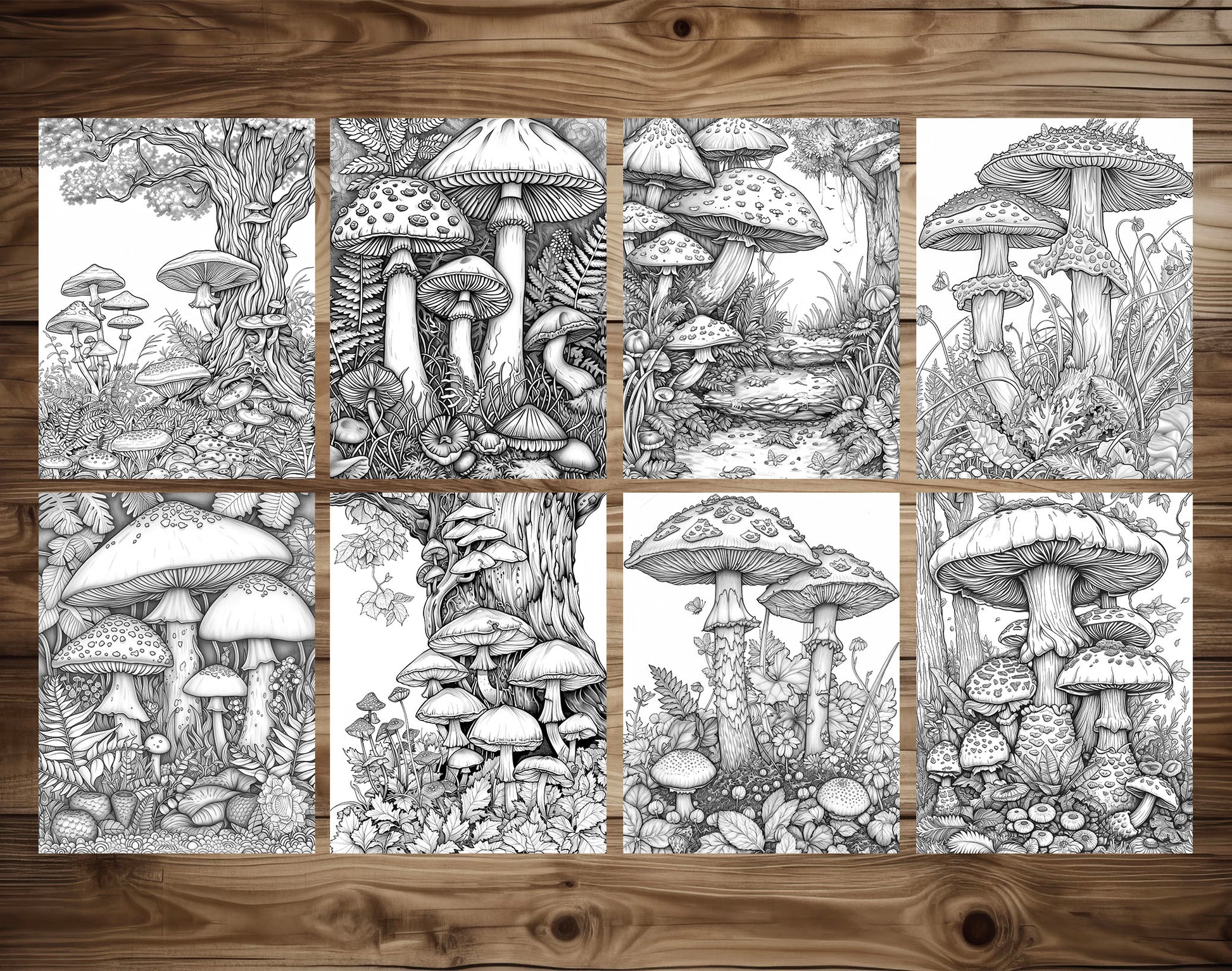 50 Mushroom Forest 2 Grayscale Coloring Pages - Instant Download - Printable PDF Dark/Light – preview 5
