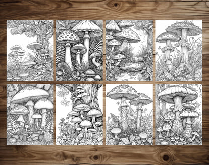 50 Mushroom Forest 2 Grayscale Coloring Pages - Instant Download - Printable PDF Dark/Light – preview 5