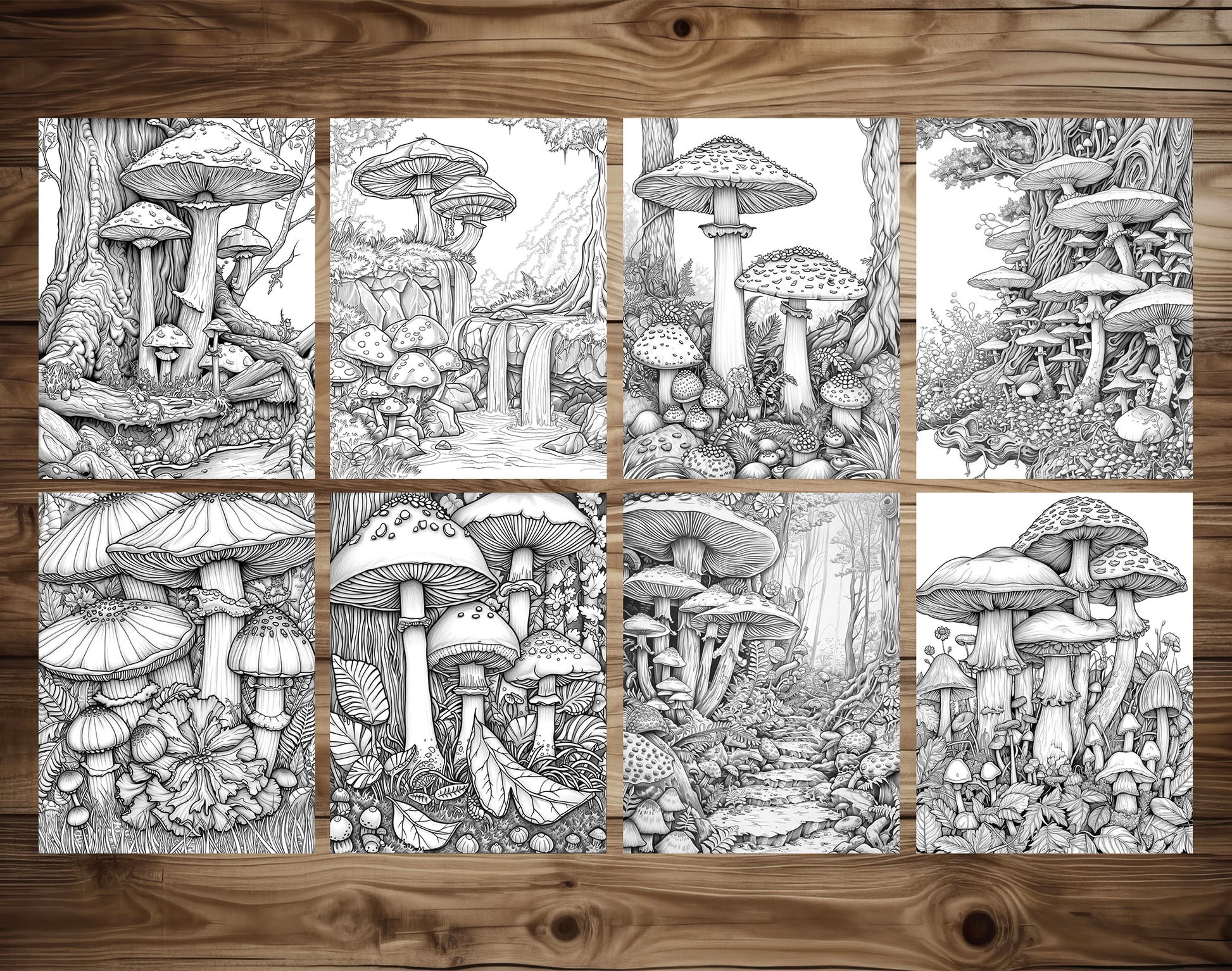 50 Mushroom Forest 2 Grayscale Coloring Pages - Instant Download - Printable PDF Dark/Light – preview 6