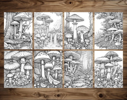 50 Mushroom Forest 2 Grayscale Coloring Pages - Instant Download - Printable PDF Dark/Light – preview 6