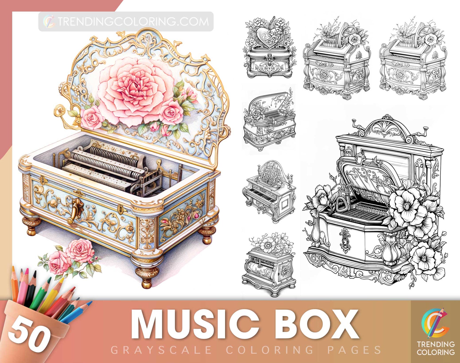 50 Music Box Grayscale Coloring Pages - Instant Download - Printable PDF Dark/Light