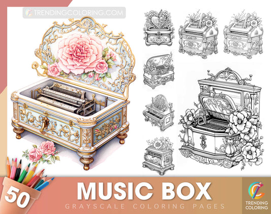 50 Music Box Grayscale Coloring Pages - Instant Download - Printable PDF Dark/Light