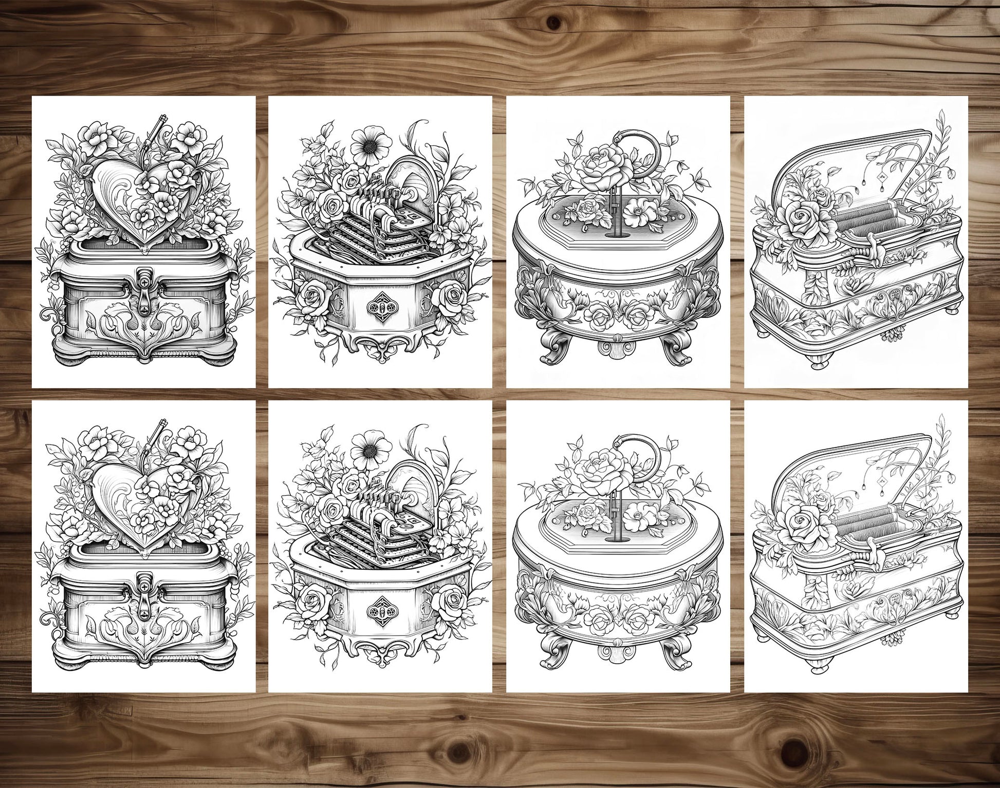 50 Music Box Grayscale Coloring Pages - Instant Download - Printable PDF Dark/Light – preview 5