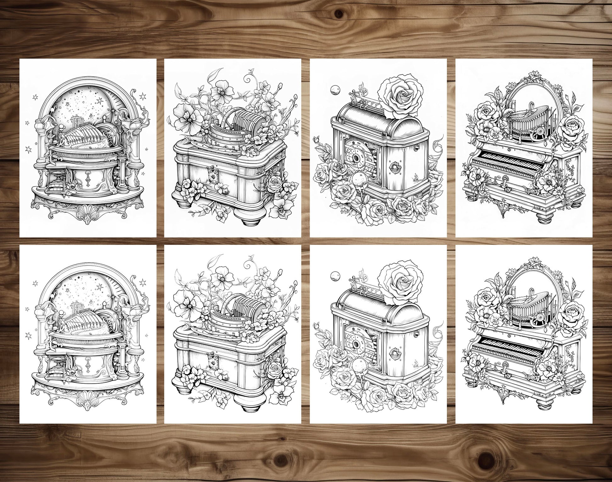 50 Music Box Grayscale Coloring Pages - Instant Download - Printable PDF Dark/Light – preview 6