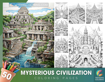 50 Mysterious Civilization Coloring Pages - Instant Download - Printable PDF Dark/Light