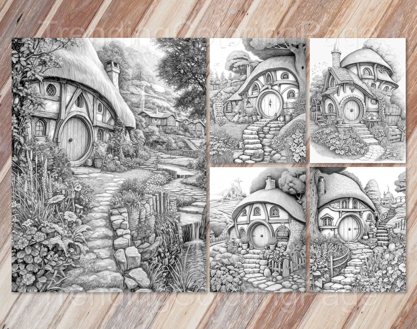 50 Mystical Woodland Retreat Grayscale Coloring Pages- Instant Download - Printable PDF Dark/Light – preview 5