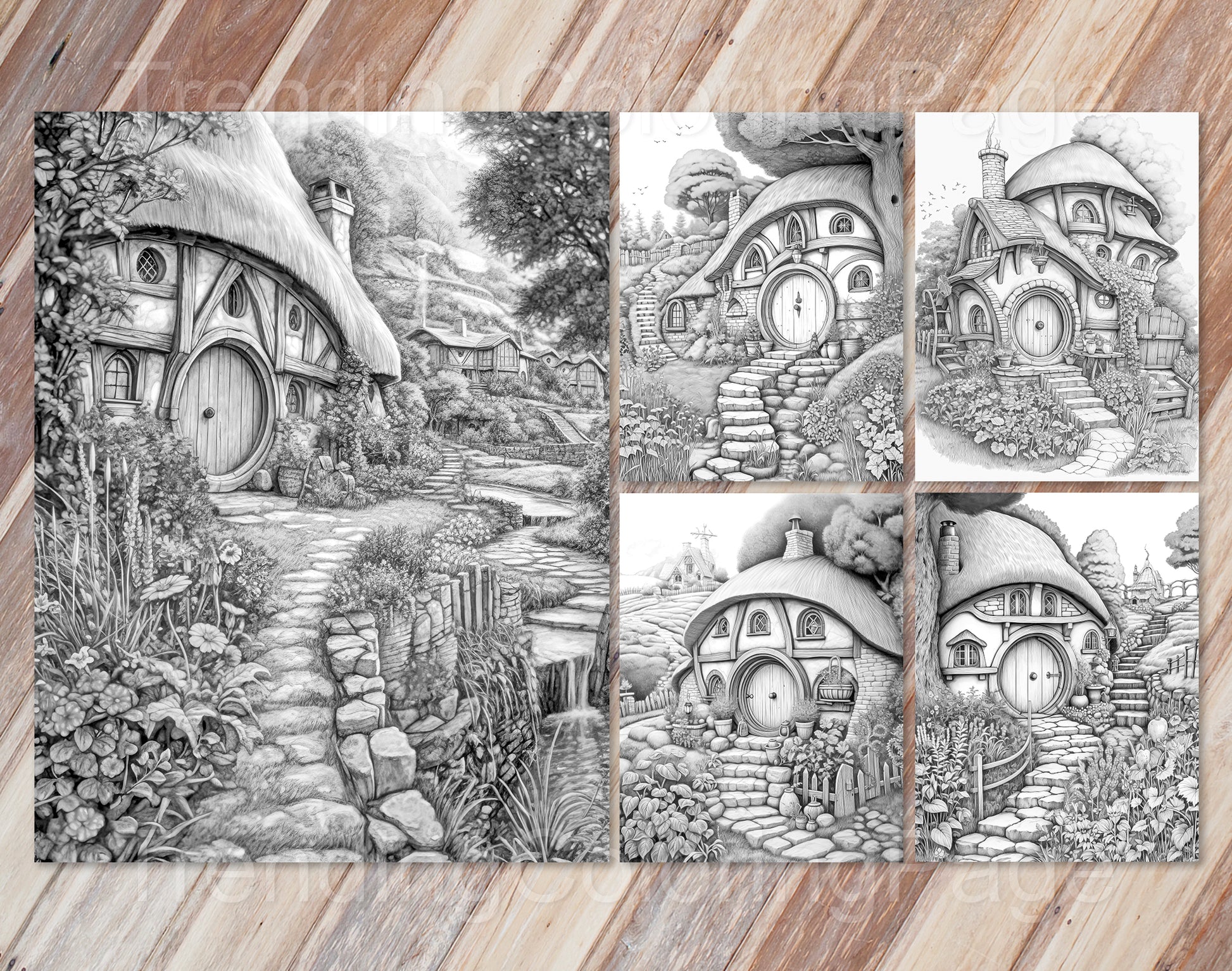 50 Mystical Woodland Retreat Grayscale Coloring Pages- Instant Download - Printable PDF Dark/Light – preview 5