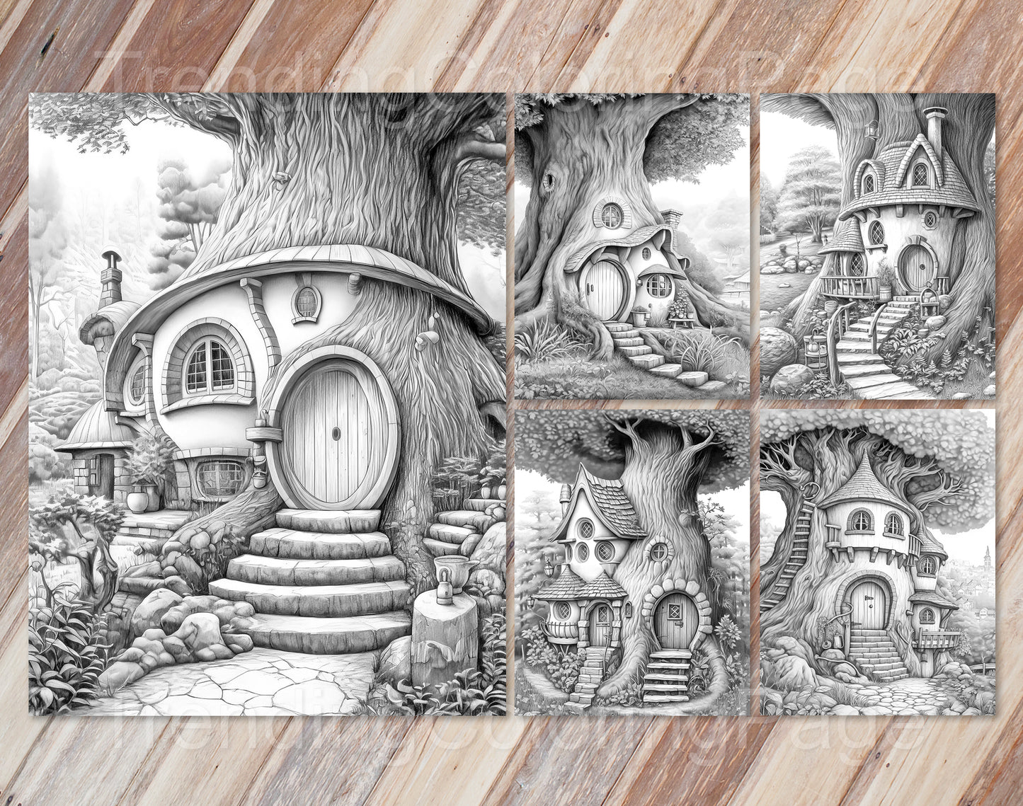 50 Mystical Woodland Retreat Grayscale Coloring Pages- Instant Download - Printable PDF Dark/Light – preview 6
