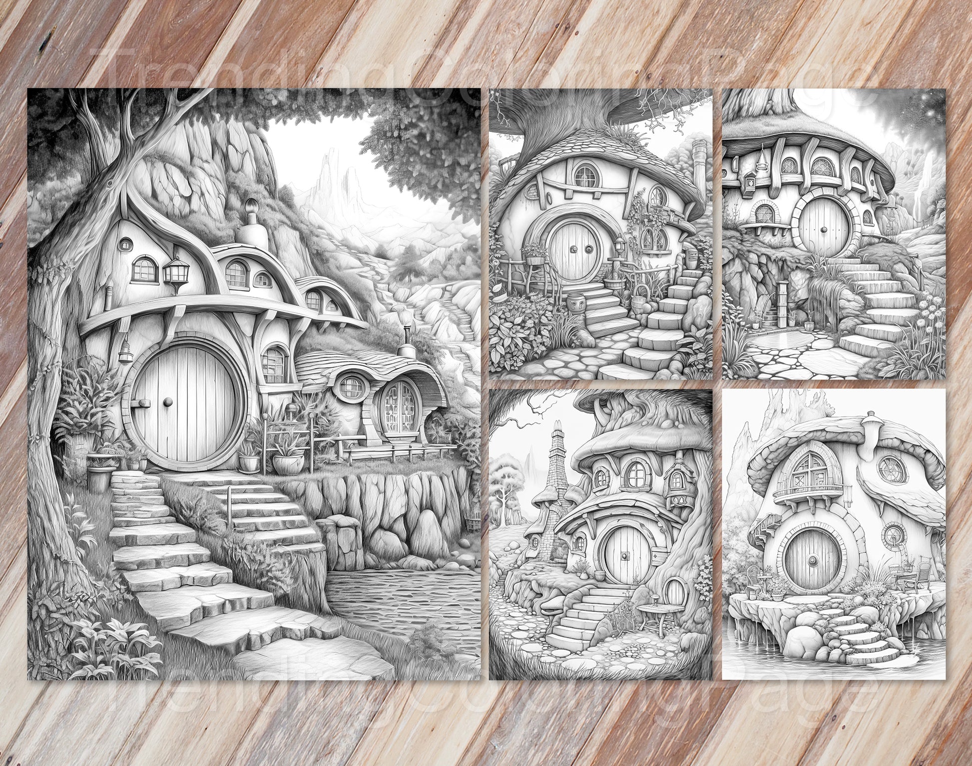 50 Mystical Woodland Retreat Grayscale Coloring Pages- Instant Download - Printable PDF Dark/Light – preview 8