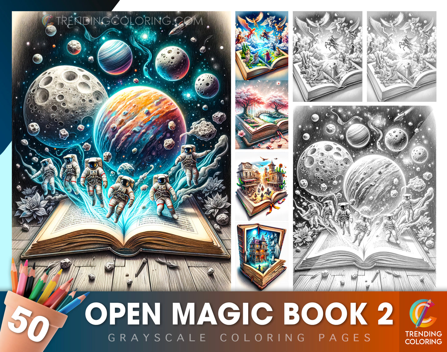50 Open Magic Book 2 Grayscale Coloring Pages - Instant Download - Printable PDF Dark/Light