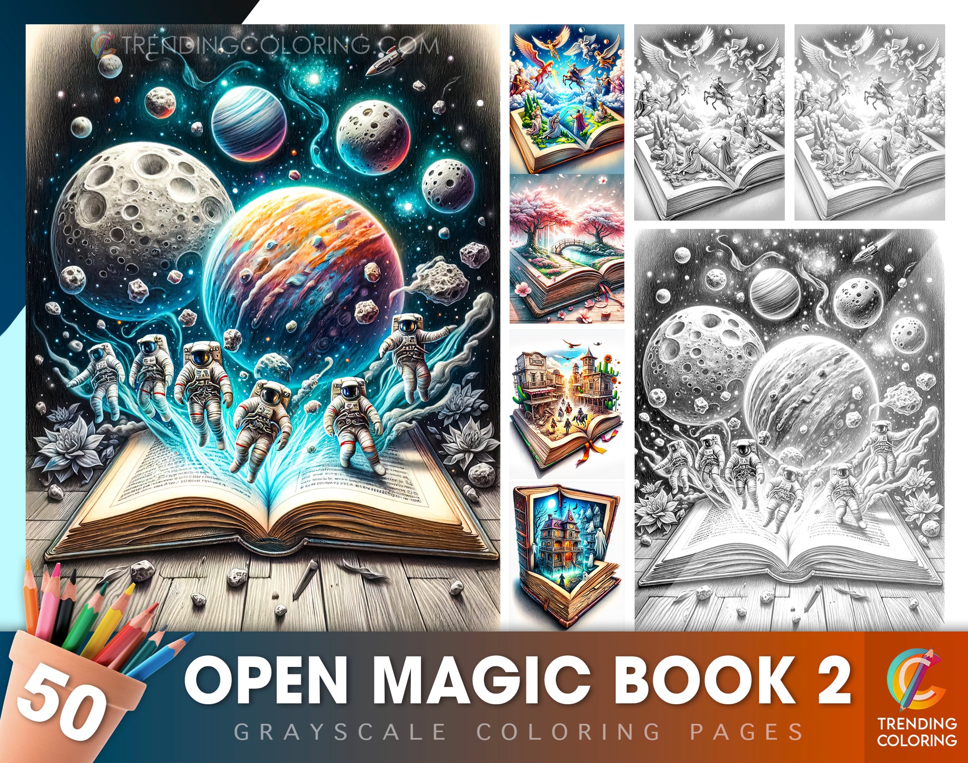 50 Open Magic Book 2 Grayscale Coloring Pages - Instant Download - Printable PDF Dark/Light