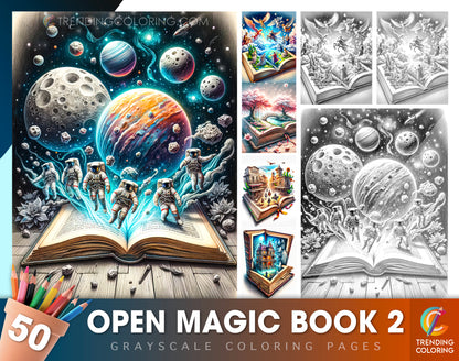 50 Open Magic Book 2 Grayscale Coloring Pages - Instant Download - Printable PDF Dark/Light