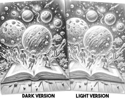 50 Open Magic Book 2 Grayscale Coloring Pages - Instant Download - Printable PDF Dark/Light – preview 2