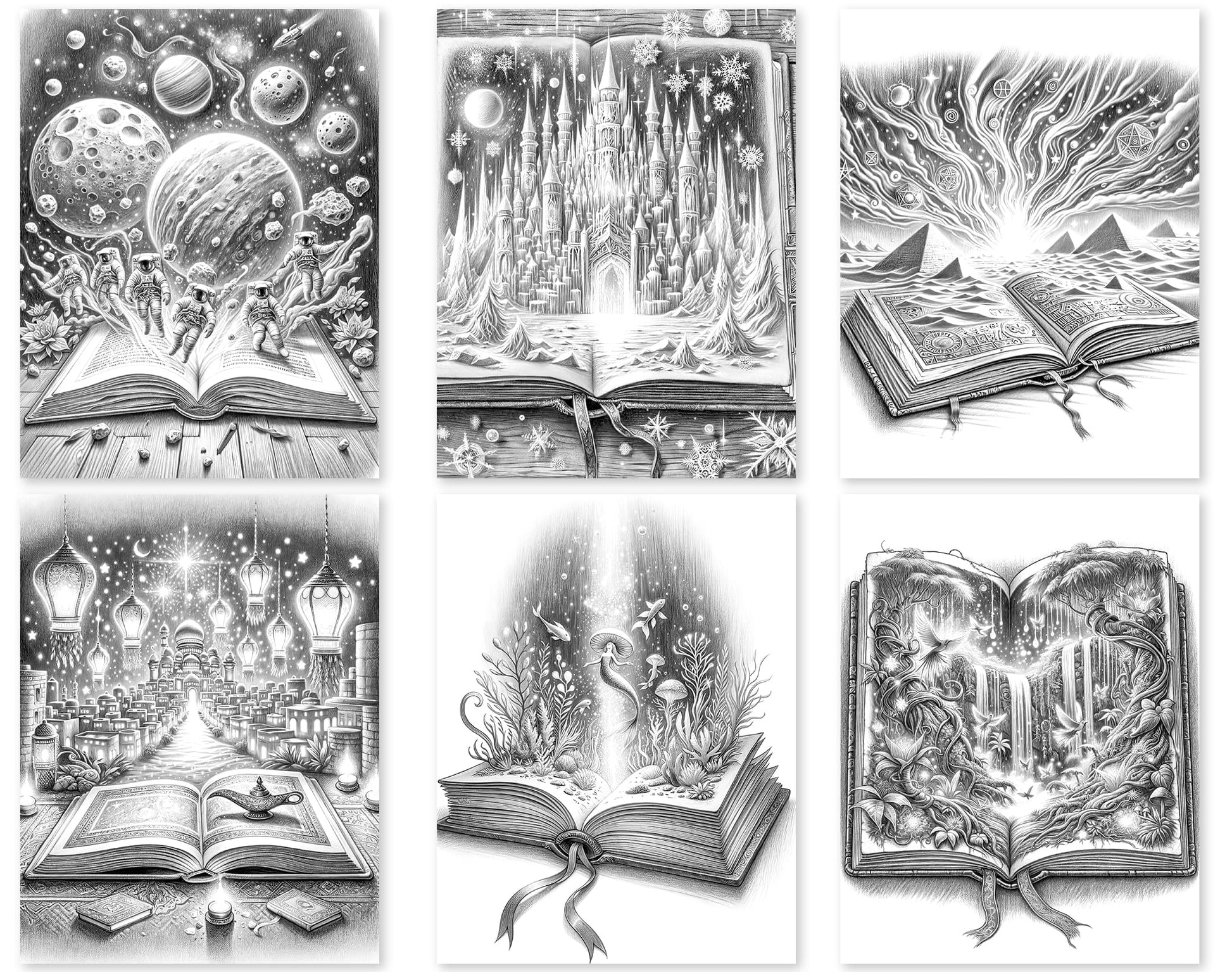 50 Open Magic Book 2 Grayscale Coloring Pages - Instant Download - Printable PDF Dark/Light – preview 3