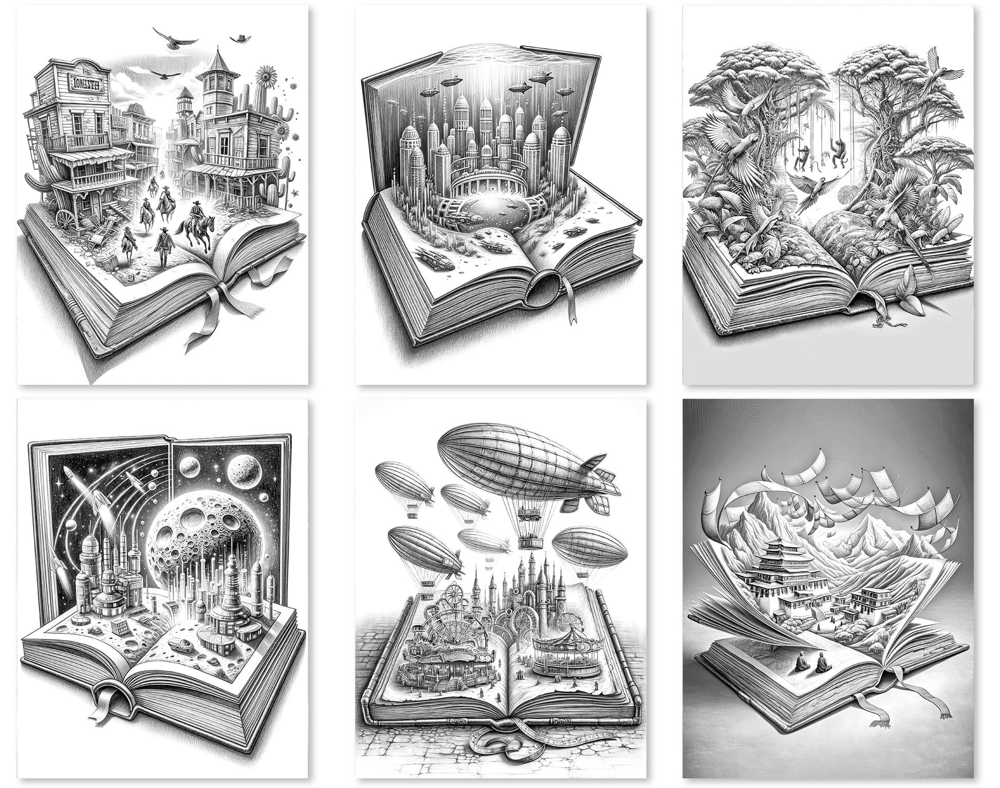 50 Open Magic Book 2 Grayscale Coloring Pages - Instant Download - Printable PDF Dark/Light – preview 6