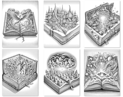 50 Open Magic Book 2 Grayscale Coloring Pages - Instant Download - Printable PDF Dark/Light – preview 9