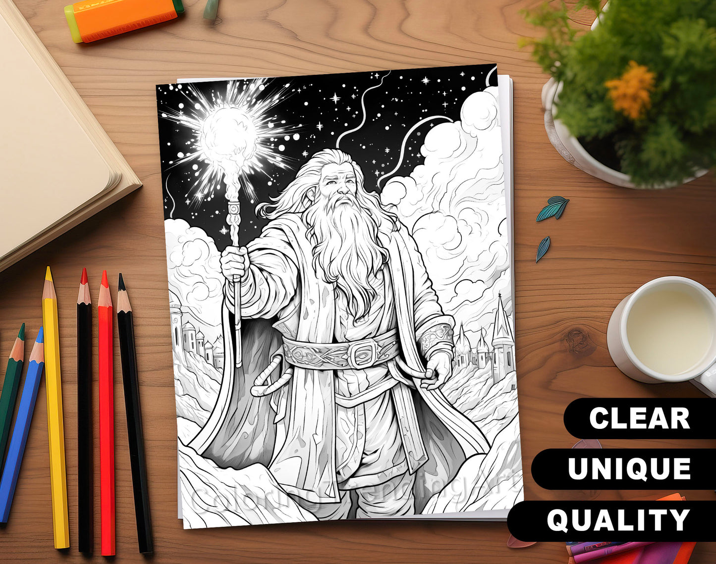 50 Powerful Wizard Coloring Pages - Halloween Coloring - Instant Download - Printable PDF – preview 3