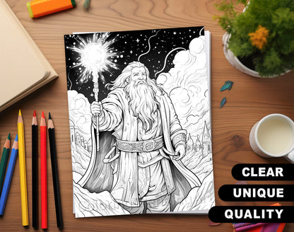 50 Powerful Wizard Coloring Pages - Halloween Coloring - Instant Download - Printable PDF – preview 3