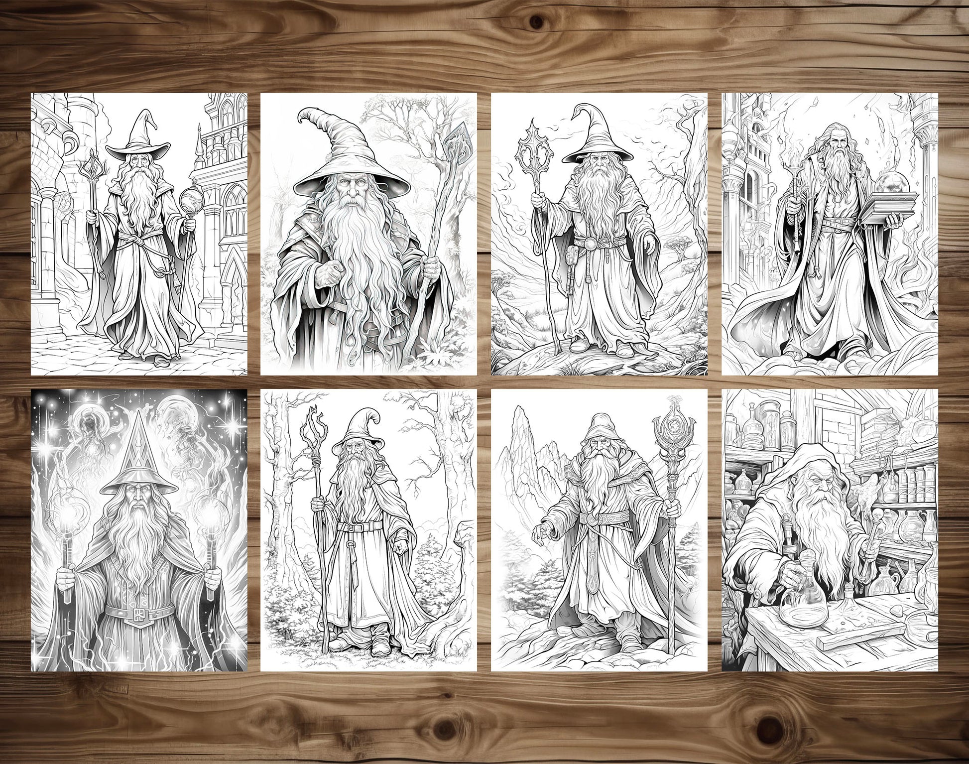 50 Powerful Wizard Coloring Pages - Halloween Coloring - Instant Download - Printable PDF – preview 5