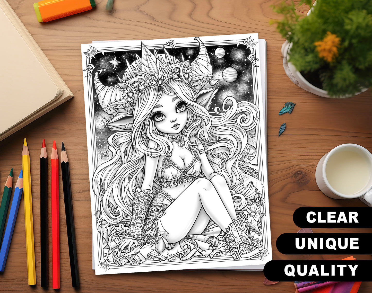 50 Pretty Girl Grayscale Coloring Pages - Instant Download - Printable PDF Dark/Light – preview 3