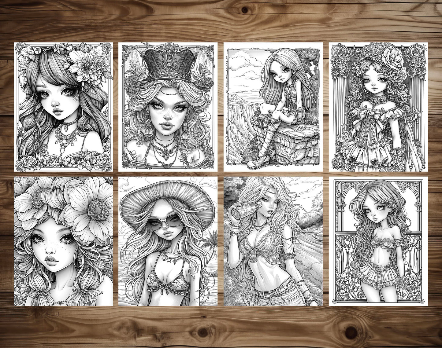 50 Pretty Girl Grayscale Coloring Pages - Instant Download - Printable PDF Dark/Light – preview 5