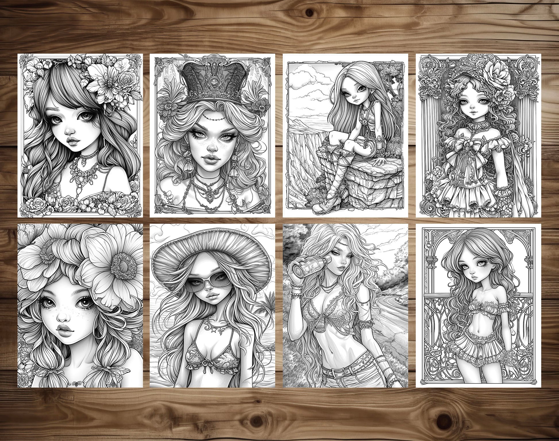 50 Pretty Girl Grayscale Coloring Pages - Instant Download - Printable PDF Dark/Light – preview 5